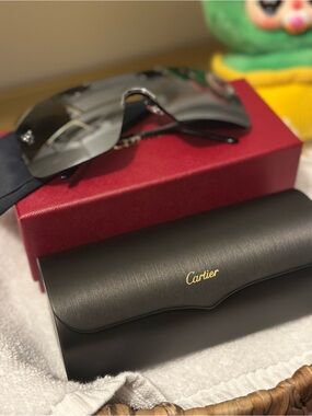 Unisex Cartier Black and Gold Sunglasses Case with Red Box Accent